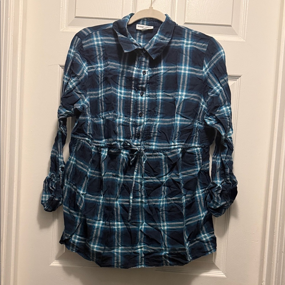 Liz Lange Maternity Teal and Navy Plaid Shirt